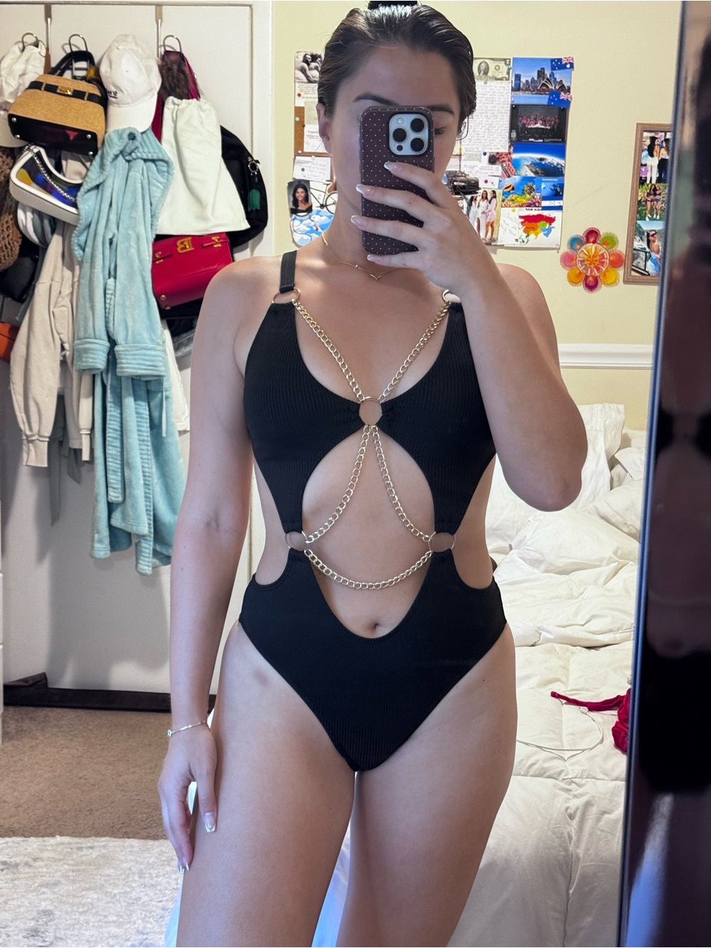 Black Cutout One-Piece Swimsuit with Gold Chain Details